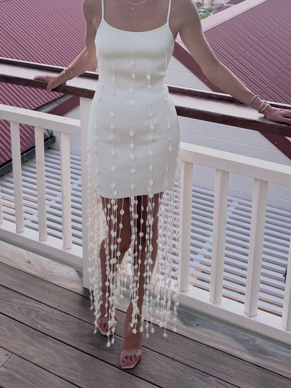 Meshki Ivory Fringe-Trim Spaghetti Strap Mini Dress